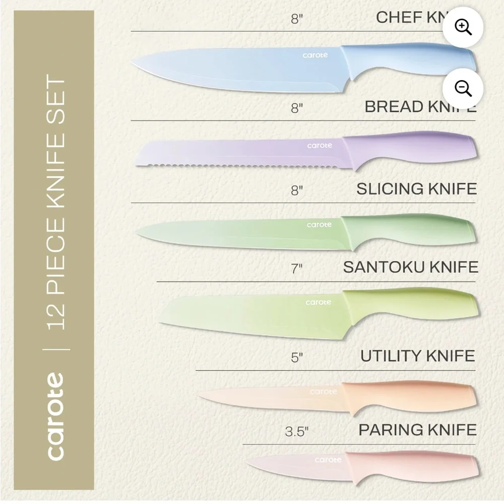 NIB Carote 12 piece kitchen knife set- multicolored